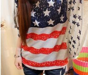 [grhmf26000135]Vintage Bat Sleeve American Flag Shirt-white