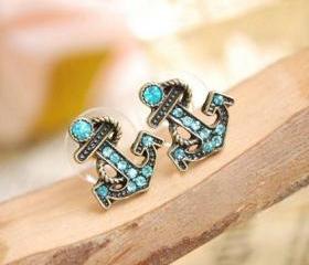 [grhmf230003]European and American retro navy diamond sea anchor earrings & stud