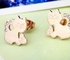 Lovely Cat Set Auger Rose Gold Titanium Steel Stud Earrings