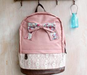[grd03057]Fashion pink Lace Backpack with Red Floral Bow