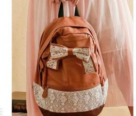 [grd03057]Fashion Brown Lace Backpack with Red Floral Bow