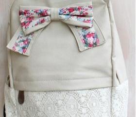 [grd03057]Fashion Light Cream Lace Backpack with Red Floral Bow