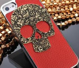 [grhmf2100001]Vintage 3D Skull on Litchi Grain Stick Handmade Hard Case For Iphone 5